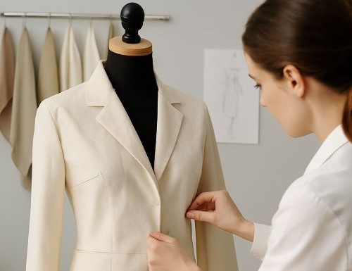prototipo su manichino Modellista che lavora su un manichino a grandezza reale, appuntando un capo prototipale in tessuto grezzo all’interno di uno studio di moda